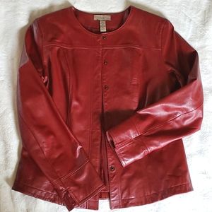 i.e. Deep Red Collarless Leather Jacket